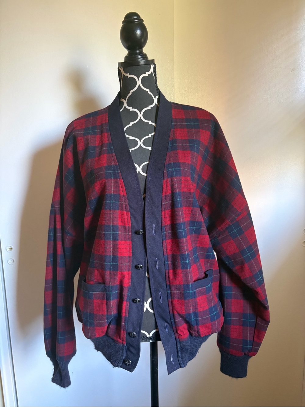 Pendleton Wool Red & Navy Plaid Cardigan with Ribbed Trim